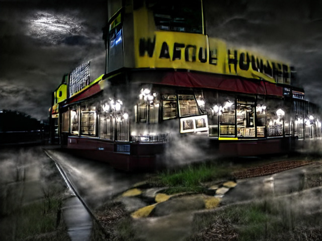 The moon shines from the clouds onto a Waffle House, brightly lit from within by cold white chandeliers. There’s mist everywhere, and it has just rained. The words “waffle house” are very distorted.