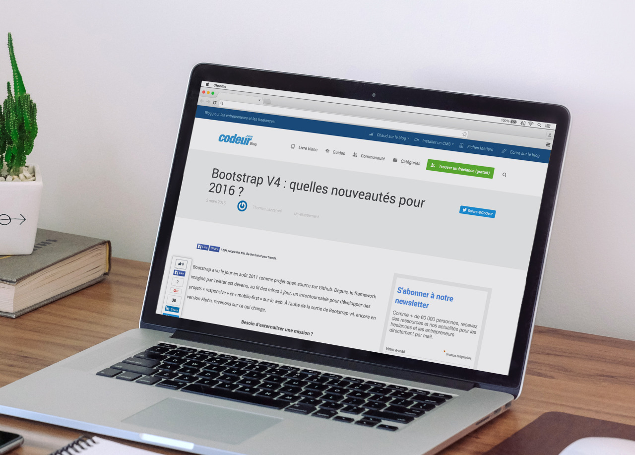 Codeur.com - Le blogRédaction d’articles pour le blog spécialisé en développement web, Codeur.com/blog.
Retrouvez le premier article « Bootstrap V4 » sur : https://www.codeur.com/blog/bootstrap-4-nouveautes-2016