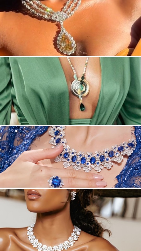 A collage with four horizontal pictures stacked on each other. The first image depicts a stunning diamond necklace with a large yellow gem. the second image is a loose necklace of green tourmaline, Sapphire, emerald and chrysoprase. The last image shows white earrings and necklace in the shape of closely aligned flowers.