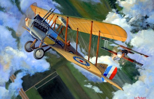 pinturas-gran-guerra-aire:  1916 10 16 Von Richthofen’s 5th victory - Thomas La PadulaAbove Betincourt on Monday, October 16, along with 4 other planes flying at 2800 meters Richthofen claimed his fifth victim. After firing 350 shots the BE.12, No 6580,