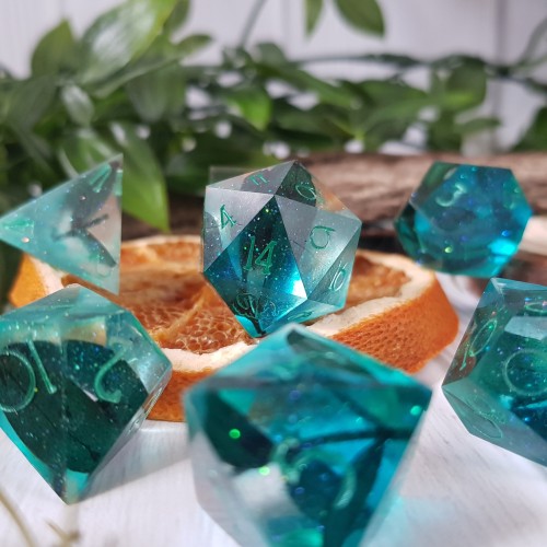 devilsroostdice: These aqua, sparkling beauties with real leaves in are available right here- https: