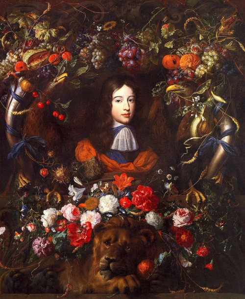 oldpainting:   Jan Vermeer van Utrecht - Flower garland with portrait of William III of Orange, aged 10 