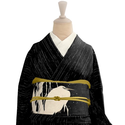 Sagi (white heron) printed kimono and obi, by Gofukuya.This pattern is a modern ukiyoe by Ohara Koso