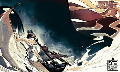 [Image: Sinuk and Brun riding their windsurfer under the coils of the Ur, the cosmic Snake what ate 