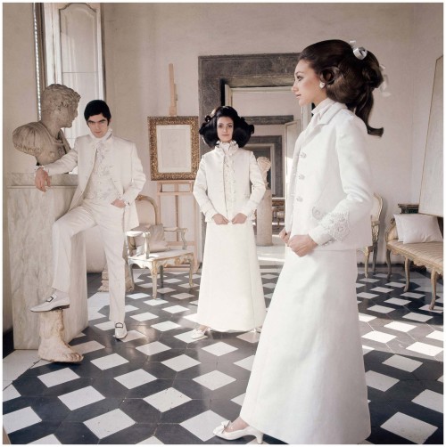 Marisa Berenson and Benedetta Barzini, with sculpture, in Valentino dress. Photograph by Henry Clark