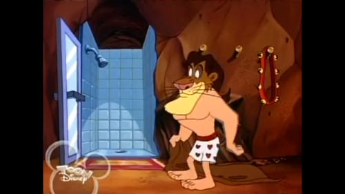 Yet another from Timon and Pumbaa. This time, it doesn’t involve T&P, but a lion. At one point, the Lion goes to get a shower and takes off his fur pelt revealing boxers underneath!
