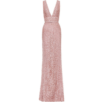 Elie Saab Blush V-Neck Embroidered Gown ❤ liked on Polyvore (see more pink dresses)