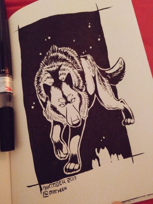 Inktober day 12, wolf and friends