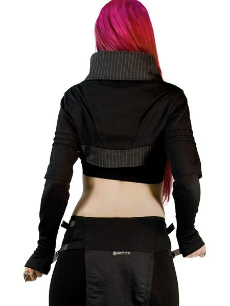 grayskiesfashion:  Plastik Wrap - Plutonium Crop Jacket Not sure if I like this more with the pinstripe or the quilted PVC. And yes, I totally maintain this can be menswear too.- Gray 