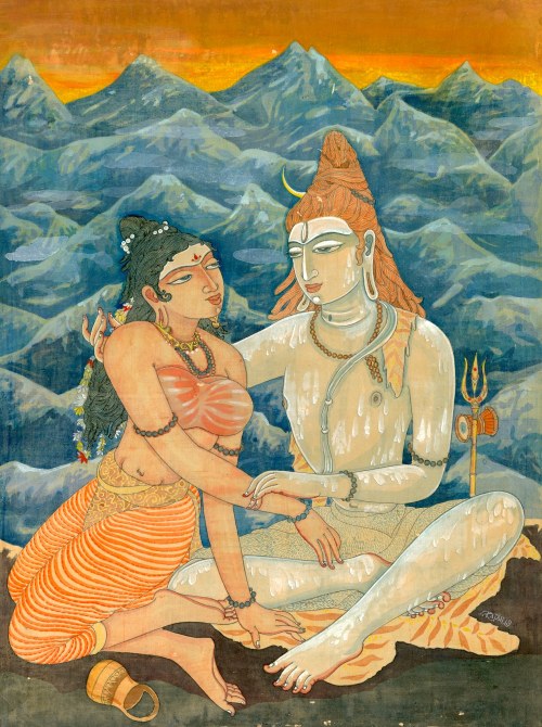 hinducosmos: Shiva and Parvati in the Himalayas Artist: S. Rajam (1919 – 2010) Watercolor painting. 