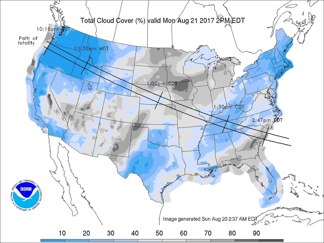 The Pacific Northwest and Tennessee Valley still look like prime viewing locations for Monday’s.
More maps of 2017 US solar eclipse >>