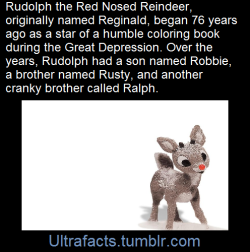 ultrafacts:  Rudolph was born 76 years ago, at the Montgomery Ward department store headquarters in Chicago. He was the star of a humble coloring book, written by a copywriter, Robert May, who almost named the protagonist “Reginald.” May, who’d