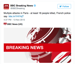micdotcom:  micdotcom:  BREAKING: Several killed in series of attacks in Paris  11/13 4:55 PM ET — French police said at least 18 people were killed in a possible series of attacks in Paris, including a shooting at a restaurant in the city Friday night.