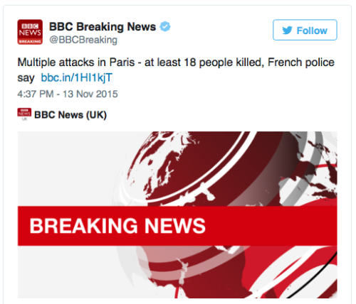 micdotcom:  micdotcom:  micdotcom:  BREAKING: Several killed in series of attacks in Paris  11/13 4:55 PM ET — French police said at least 18 people were killed in a possible series of attacks in Paris, including a shooting at a restaurant in the city