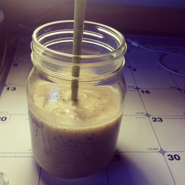 The smoothie to end all smoothies: 1 frozen banana, ice, vanilla almond milk yogurt,