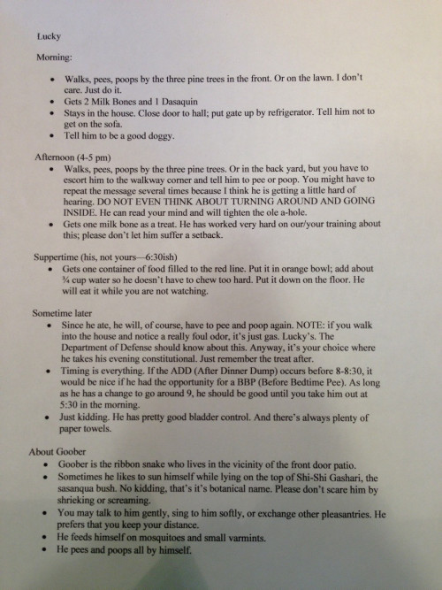 awesomephilia:  My parents left these instructions for the girls who are watching their dog. (via) 