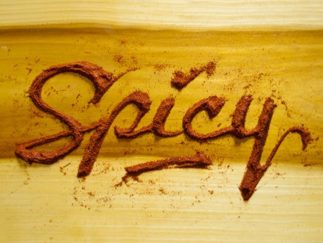 typostrate:  Food Typography  made of pepper, curry, honey, biscuit, noodles, cheese,
