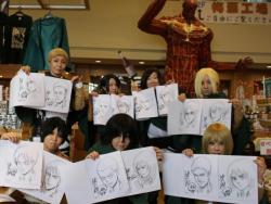 fuku-shuu:  Another look at the full set of original character sketches Isayama Hajime created for the Hibiki no Sato in his hometown of Oyama, this time accompanied by SnK cosplayers! Featuring the 104th + Erwin, Levi, and Hanji! ETA: Added close-ups