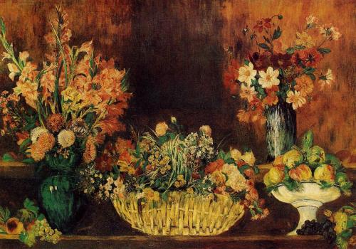 artist-renoir: Vase, Basket of Flowers and Fruit, 1890, Pierre-Auguste RenoirMedium: oil,canvas
