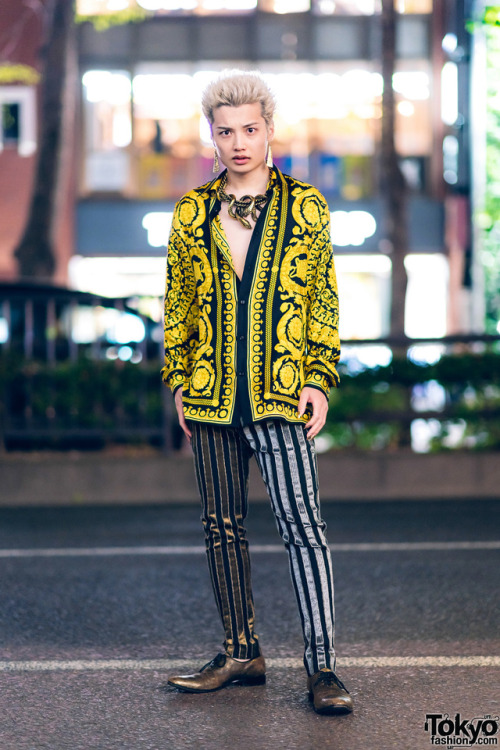 tokyo-fashion:Japanese college student Shun on the street in Harajuku wearing a Versace baroque prin