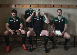 roscoe66:  Sean O'Brein, Paul O'Connell and Rob Kearney unveil the new Irish Rugby World Cup 2015 Jersey 