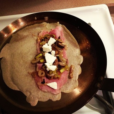 Ham, feta, leek, and mushroom crepes. How the French do comfort