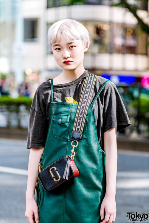 16-year-old Japanese student Shiori on the street in Harajuku wearing an X-Girl dress over a Zara t-