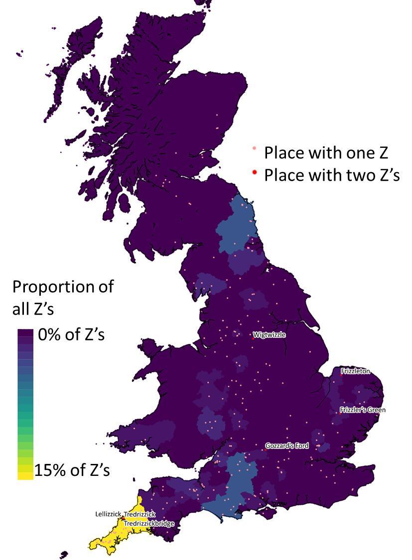 OC There are 328 places in Great Britain which have a Z in their name. 14 of these places have two Zs, making a total of 335 Zs across the country. Cornwall has the most, with a total of 47 Zs, about 14% of the national supply.