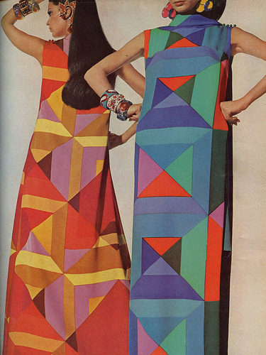 Sarmi silk crepe geometric print caftan dresses in Vogue, 1967
