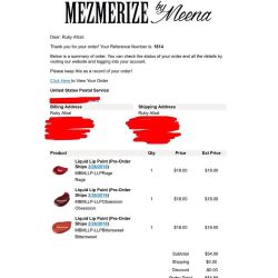 I open my email and see that my mother (who I see every single day) places an order for my new @mezmerizebymeena Liquid Lip Paint off my website that I was going to obviously give her for free.  I ask her &ldquo;Mummy, why did you order so many?&rdquo;