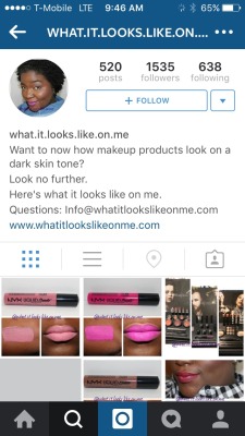 libaaxad:  queenn-i-c:  wtfplus:  imninm:  what.it.looks.like.on.me is a makeup account on Instagram made by a black woman; it includes swatches of lip, eyeshadows, blushes, highlighters, contour kits and etc. support black women in makeup and follow