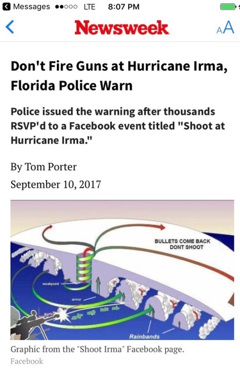 thighetician: kingjaffejoffer:   bob-belcher: Only in Florida would they have to instruct people not to file their guns at a hurricane. aggressively american   “Bullets come back, don’t shoot”  Earth’s defense is unfuckwithable 