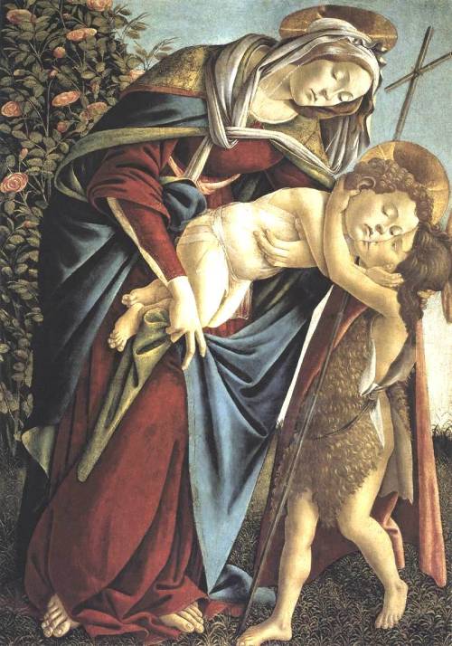 artist-botticelli:  Madonna and Child and the Young St John the Baptist, 1495, Sandro BotticelliMedium: panel,tempera