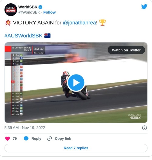 💥 VICTORY AGAIN for @jonathanrea! 🏆#AUSWorldSBK 🇦🇺 pic.twitter.com/8bU54RRv77  — WorldSBK (@WorldSBK) November 19, 2022