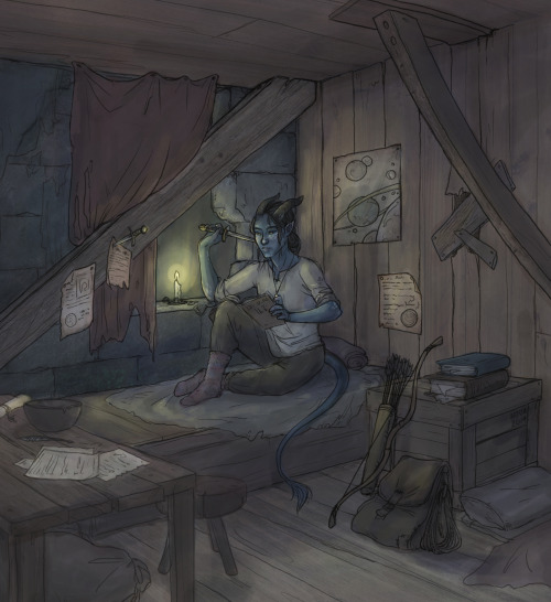 [ID: a digital drawing of a blue-skinned tiefling sitting in a room that looks like its pretty close