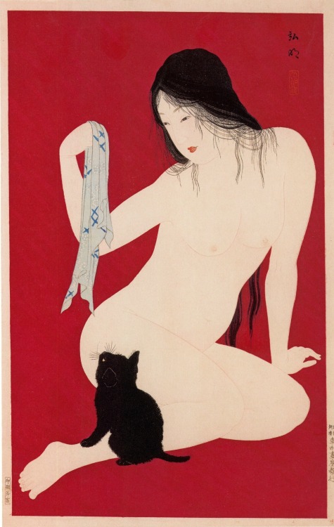 Takahashi Hiroaki (Shotei), Playing with a Cat, 1930.This is listed as Takahashi Hiroshi but I know 