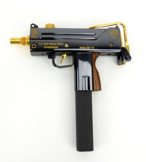 fmj556x45:  Special Forces Commemorative Ingram M10A1 .45ACP caliber pistol. Issued by American Historical Foundation, with high polish blue and gold decorations.  
