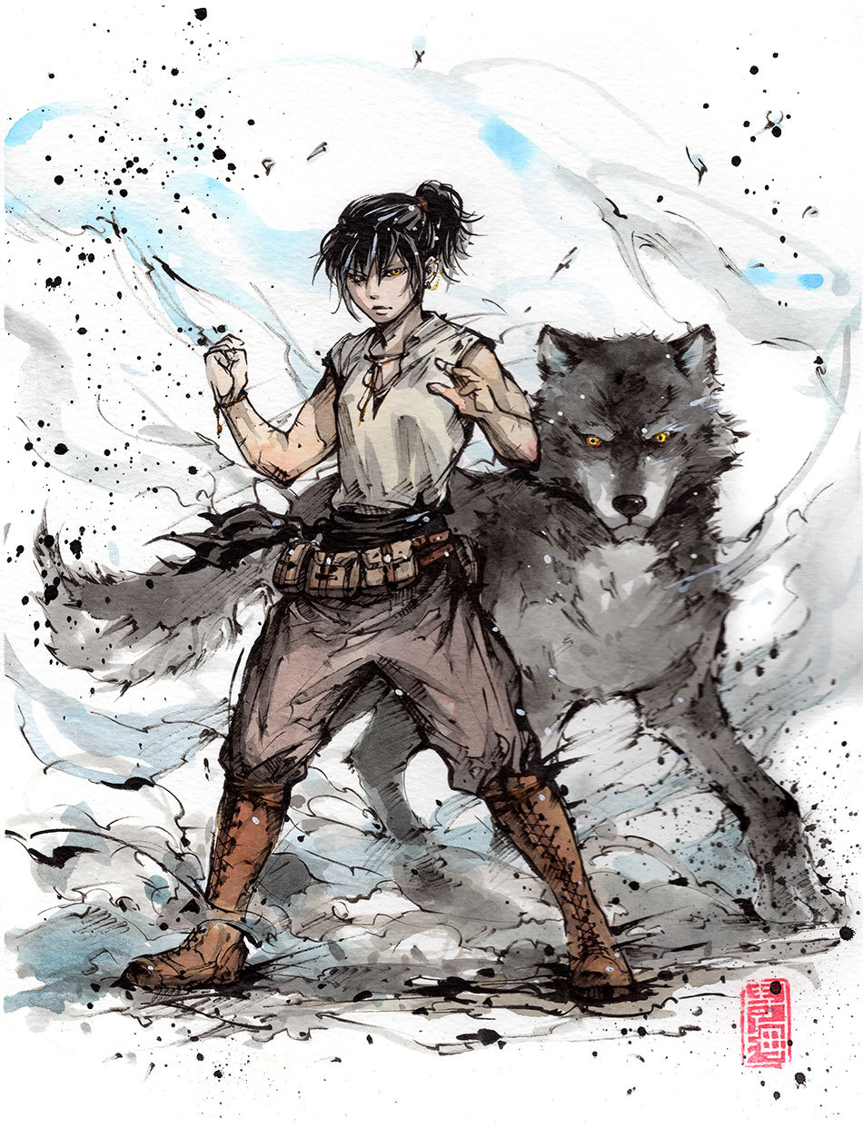 Adventure — Rem with wolf - ink and watercolor by...