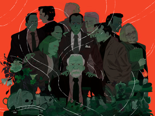 Fanart of the cast of Succession: Logan seated in the middle with the other characters leaning over him. Dark orange background, people done in shades of green and black.