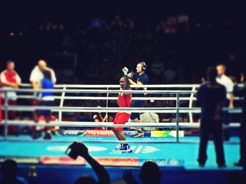 And here we have the winner, Nicola Adams celebrating her Quarter Final #2014Boxing win at Scottish Exhibition and Conference Centre – View on Path.