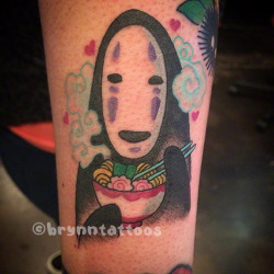 brynntattoos:  This is the other adorable Miyazaki tattoo I made last night on Lindsay!  No Face eating the tiniest bowl of ramen!   website: http://www.brynn.tattoo Instagram: brynntattoos 