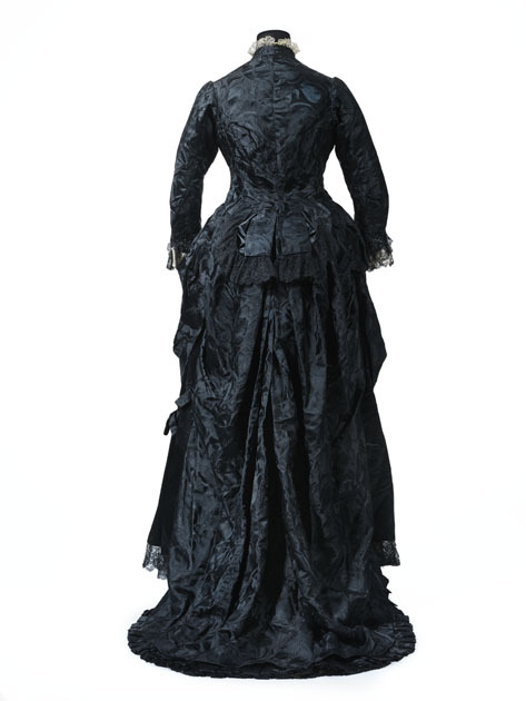 history-of-fashion:ab. 1874 Mourning dresssilk, cotton, glass(Glasgow Museums)I don’t think this is 