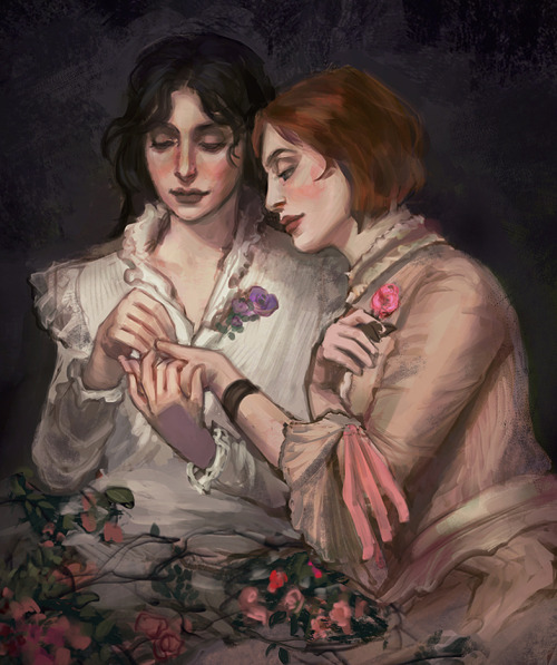 merhelv:a study of A Thorn amidst the Roses by James Sant turned dragon age gay featuring my Surana and Leliana