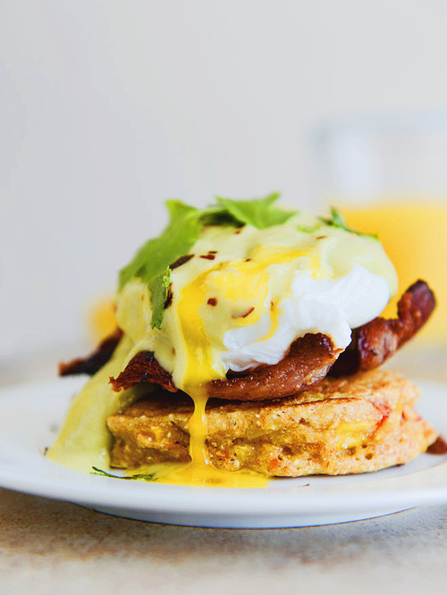 sweet corn cake eggs benedict with avocado hollandaise by howsweeteats