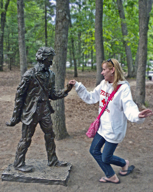 beggars-opera:At Walden Pond there is a statue of Henry David Thoreau in which he is staring down at