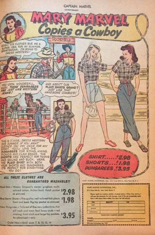 captainmarveladventures:Mary Marvel fashions, guaranteed washable! From CMA 74, 1947.