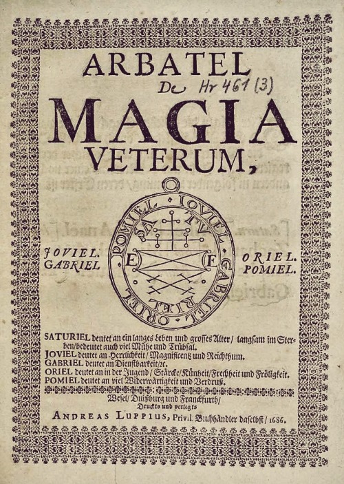 starrywisdomsect:      The Arbatel De Magia Veterum (Arbatel: On the Magic of the Ancients) is a grimoire of ceremonial magic that was published in 1575 in Switzerland. It was likely edited by Theodor Zwinger, and published by Pietro Perna. The actual