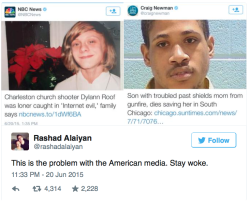 micdotcom:  Do you need any more proof of the racist double standard in the media? The white shooter in a rampage killing gets a smiling childhood photo and an uncritical look at how his actions were influenced by the Internet. A black man who saved