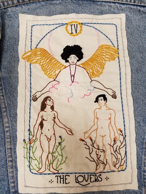 stickerjockart:The Lovers, a Tarot Card inspired back patch featuring a transgender couple.As a tran
