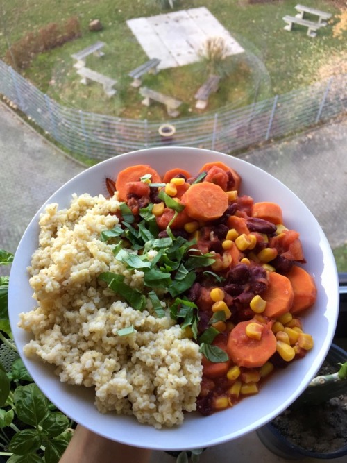 sinjasfood:Some hot chili with kidney beans, tomato sauce, corn, carrots, garlic and millet on the s